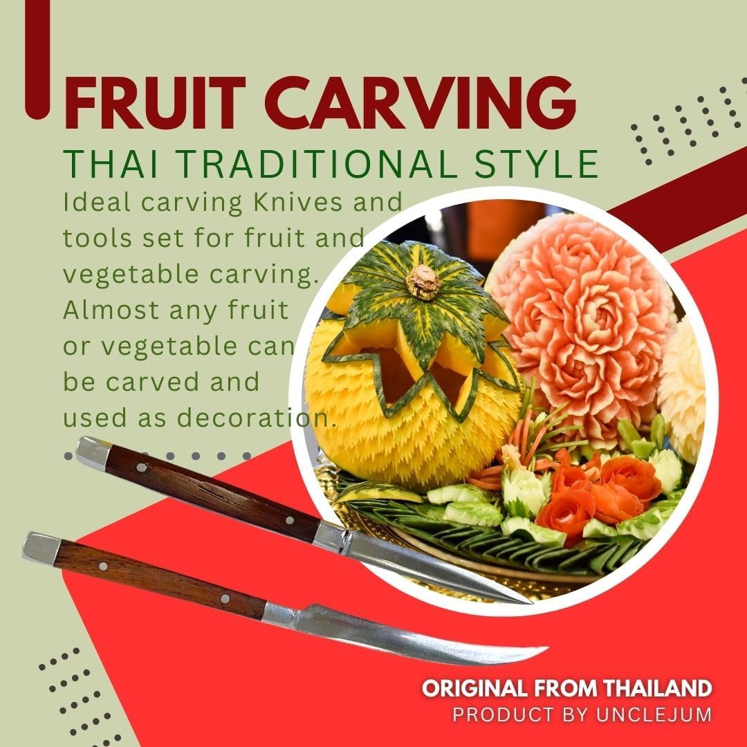 2 Pcs Thai Fruit & Vegetable Carving Knives – Handmade Aranyik Style Cutter Set with Wooden Handle & Stainless Steel Blades (2” & 2.5”)