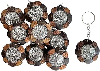 Elephant Keychains Set of 10 – Coconut Shell Wood Carving | Handcrafted Hammered Metal Plate