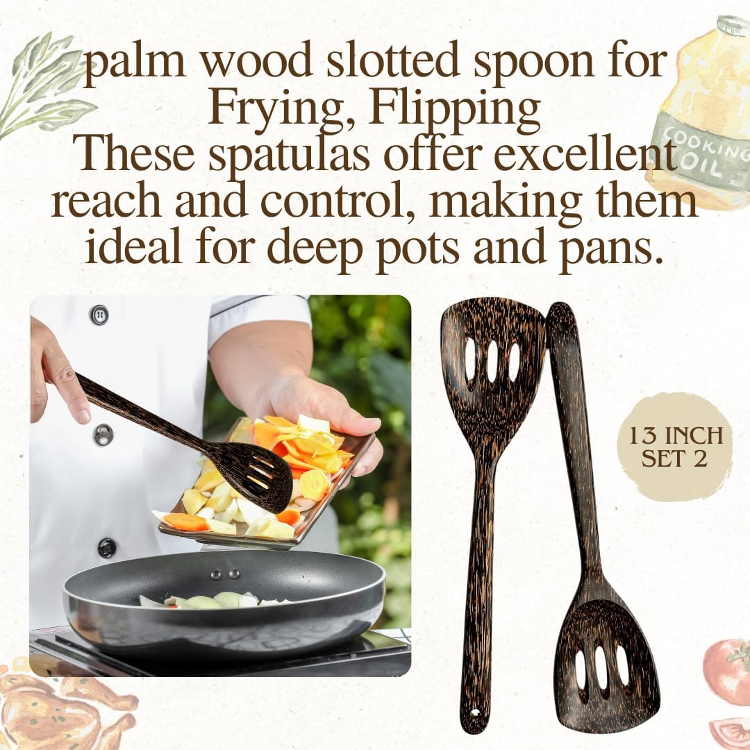 2 Pieces 13” Palm Wood Slotted Spoon Set – Handmade Wooden Cooking Utensils for Stirring, Salad Mixing, Frying &amp; Serving