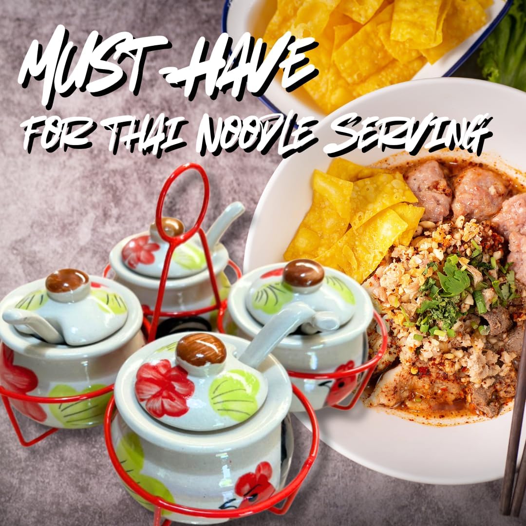 Thai Chicken Pattern Noodle Seasoning Mix Storage Rack – 4 Ceramic Pots Set