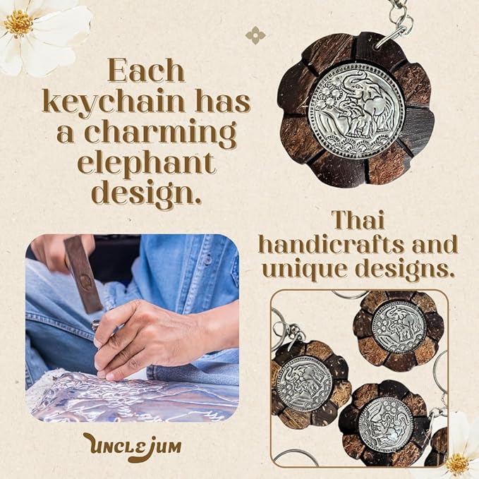 Elephant Keychains Set of 10 – Coconut Shell Wood Carving | Handcrafted Hammered Metal Plate