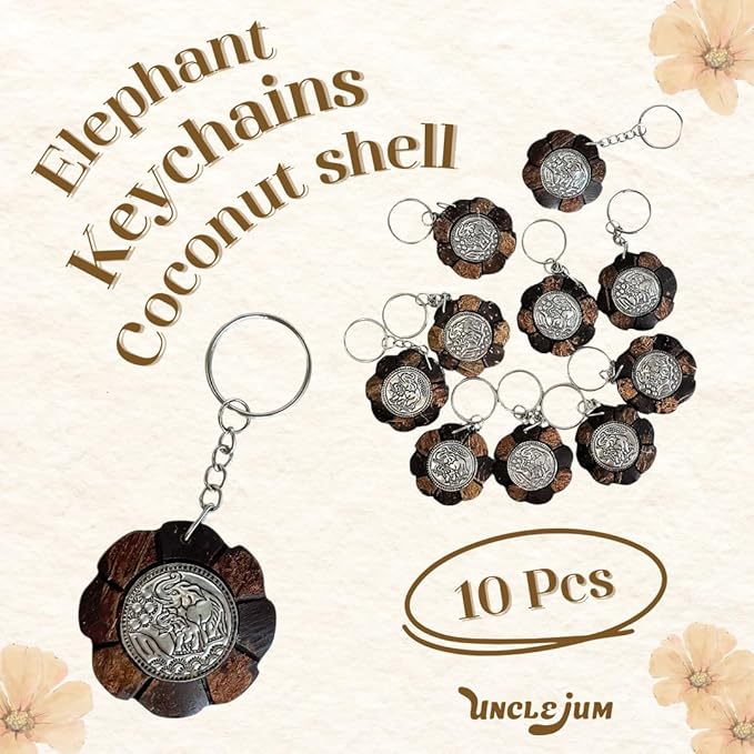 Elephant Keychains Set of 10 – Coconut Shell Wood Carving | Handcrafted Hammered Metal Plate
