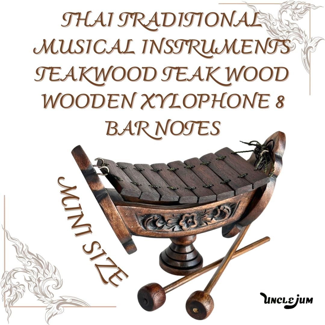Thai Traditional Teakwood Xylophone – 8 Bar Notes, 16" Handmade Musical Instrument from Thailand