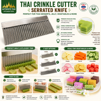 UNCLEJUM Thai Crinkle Cutter Serrated Knife – Stainless Steel Wavy Cutter for Agar Jelly, Grass Jelly, Khanom Chan, Vegetables & Decorative Food Slicing (5", 7", 10")