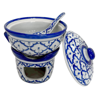 UNCLEJUM Thai Ceramic Hot Pot Set with Lid, Spoon & Warming Stove – 6.5" Traditional Handpainted Porcelain Soup Pot for Tom Yum, Curry, Noodles & Hot Pot