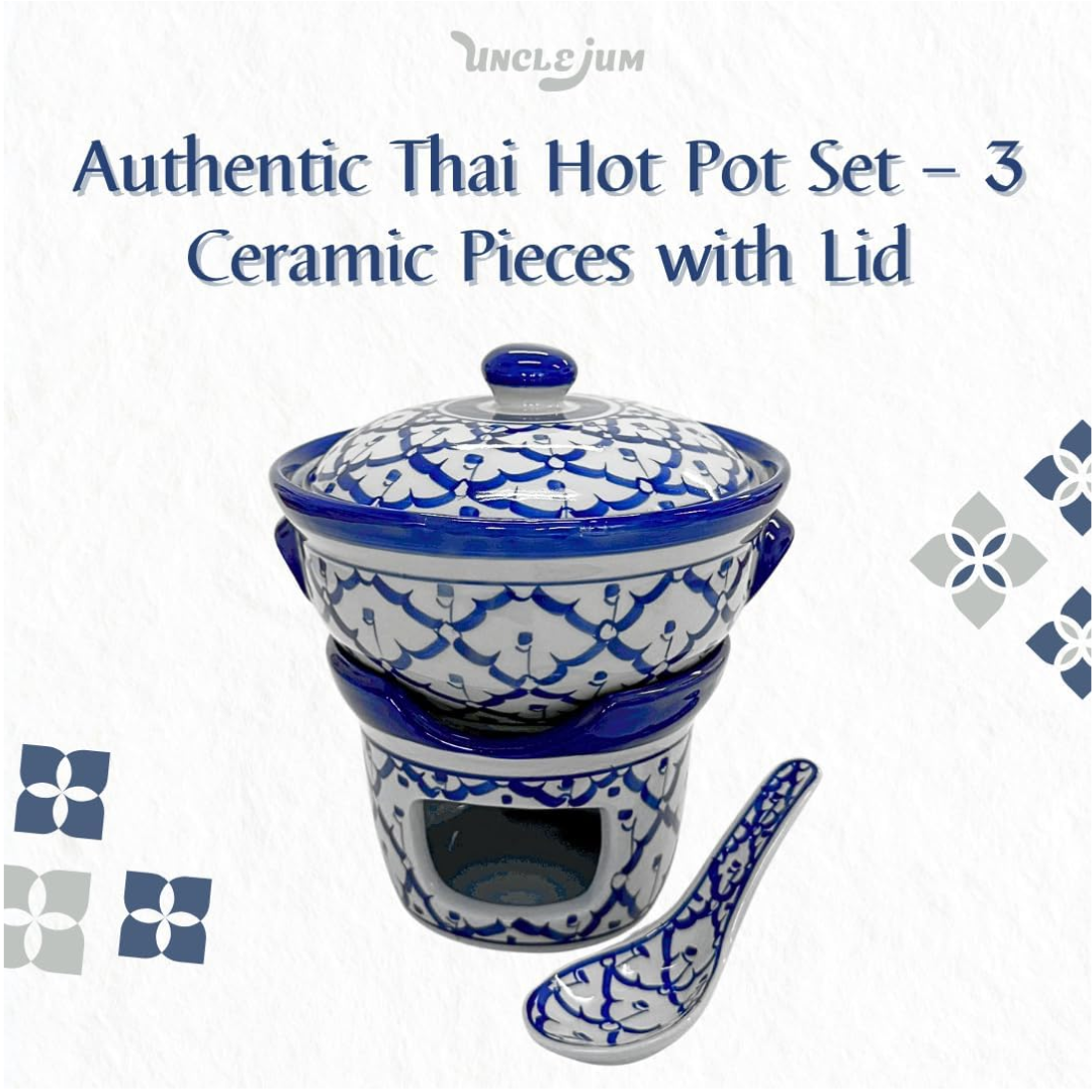 UNCLEJUM Thai Ceramic Hot Pot Set with Lid, Spoon & Warming Stove – 6.5" Traditional Handpainted Porcelain Soup Pot for Tom Yum, Curry, Noodles & Hot Pot
