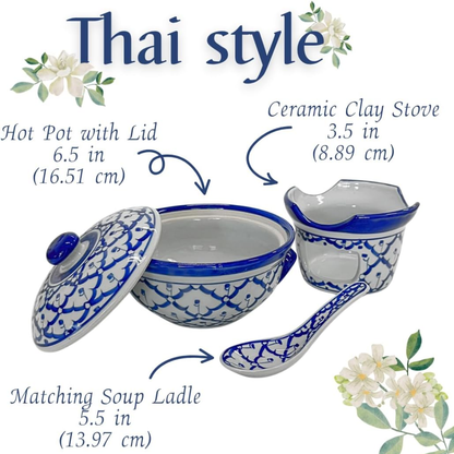 UNCLEJUM Thai Ceramic Hot Pot Set with Lid, Spoon & Warming Stove – 6.5" Traditional Handpainted Porcelain Soup Pot for Tom Yum, Curry, Noodles & Hot Pot