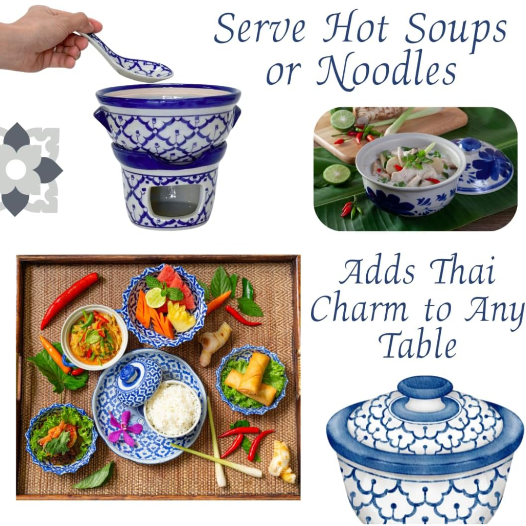 UNCLEJUM Thai Ceramic Hot Pot Set with Lid, Spoon & Warming Stove – 6.5" Traditional Handpainted Porcelain Soup Pot for Tom Yum, Curry, Noodles & Hot Pot