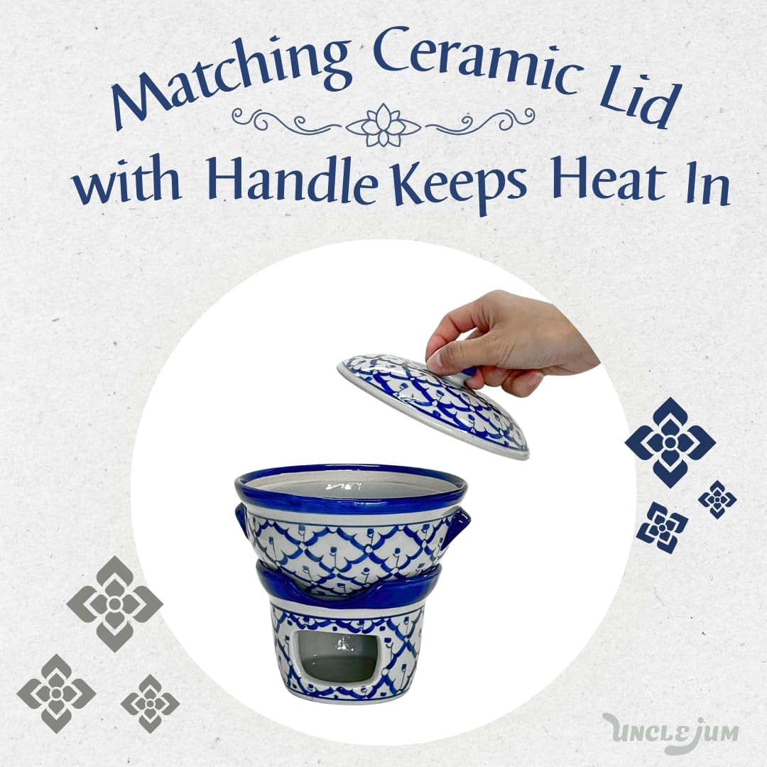 UNCLEJUM Thai Ceramic Hot Pot Set with Lid, Spoon & Warming Stove – 6.5" Traditional Handpainted Porcelain Soup Pot for Tom Yum, Curry, Noodles & Hot Pot