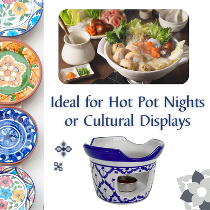 UNCLEJUM Thai Ceramic Hot Pot Set with Lid, Spoon & Warming Stove – 6.5" Traditional Handpainted Porcelain Soup Pot for Tom Yum, Curry, Noodles & Hot Pot