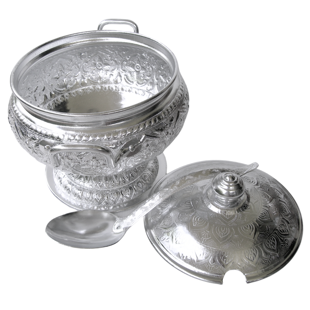 Traditional Thai Aluminum Rice Serving Pot with Ladle – Vintage Graphic Design Bowl