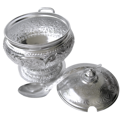 Traditional Thai Aluminum Rice Serving Pot with Ladle – Vintage Graphic Design Bowl