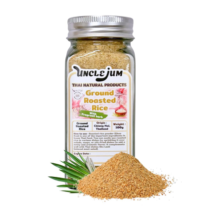 UNCLEJUM Thai Ground Roasted Rice (Khao Khua , ข้าวคั่ว) – 100% Roasted Rice Powder in Premium Glass Spice Jar – Authentic Thai Seasoning for Larb, Nam Tok, Jaew & Isaan Cuisine (100g)
