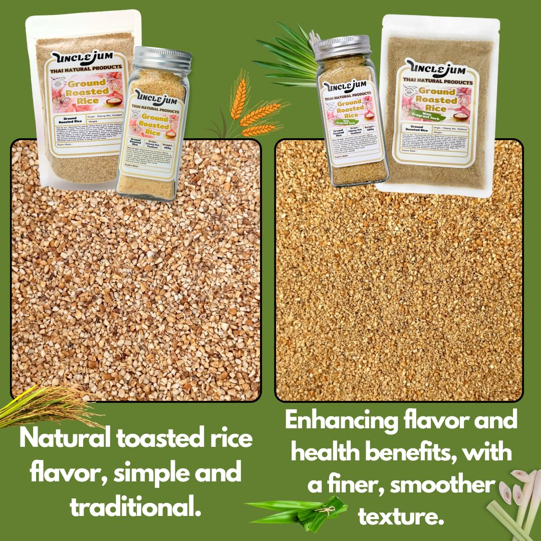 UNCLEJUM Thai Ground Roasted Rice (Khao Khua , ข้าวคั่ว) – 100% Roasted Rice Powder in Premium Glass Spice Jar – Authentic Thai Seasoning for Larb, Nam Tok, Jaew & Isaan Cuisine (100g)