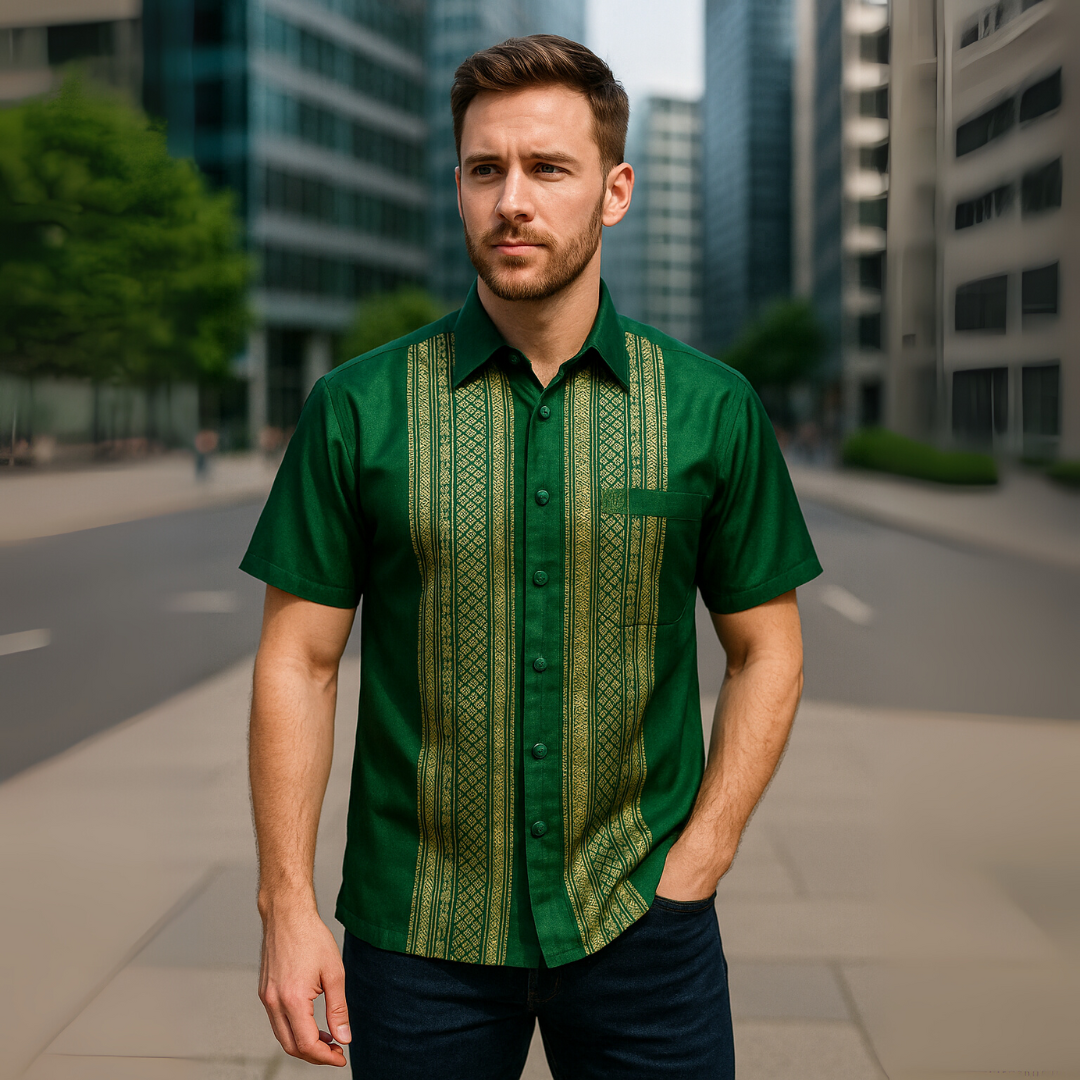 Men’s Thai Silk Short Sleeve Shirt with Pocket | Traditional Thai Design