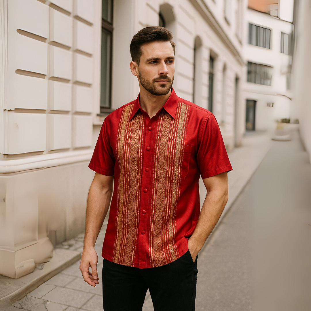 Men’s Thai Silk Short Sleeve Shirt with Pocket | Traditional Thai Design