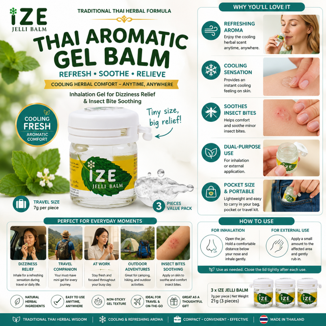 IZE Jelli Balm Thai Aromatic Gel 7g (Pack of 3) – Cooling Herbal Inhalation Gel Helps Refresh, Soothe Insect Bites & Provide Everyday Aromatic Comfort