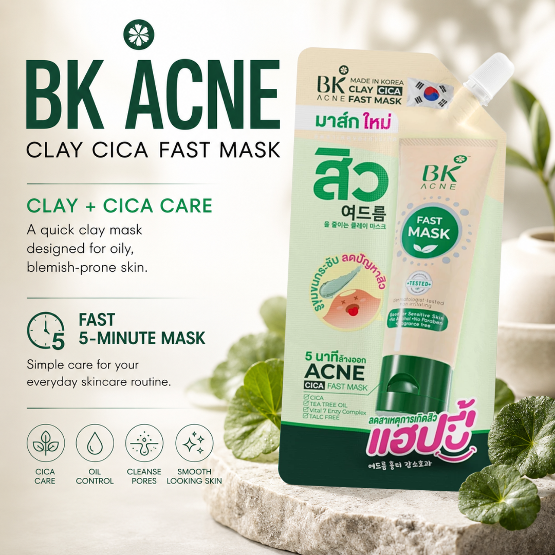 BK Acne Clay Cica Fast Mask – 5-Minute Korean Clay Mask for Oily & Blemish-Prone Skin – Cica, Tea Tree Oil & Vital 7 Enzy Complex – 7g × 3 Packs