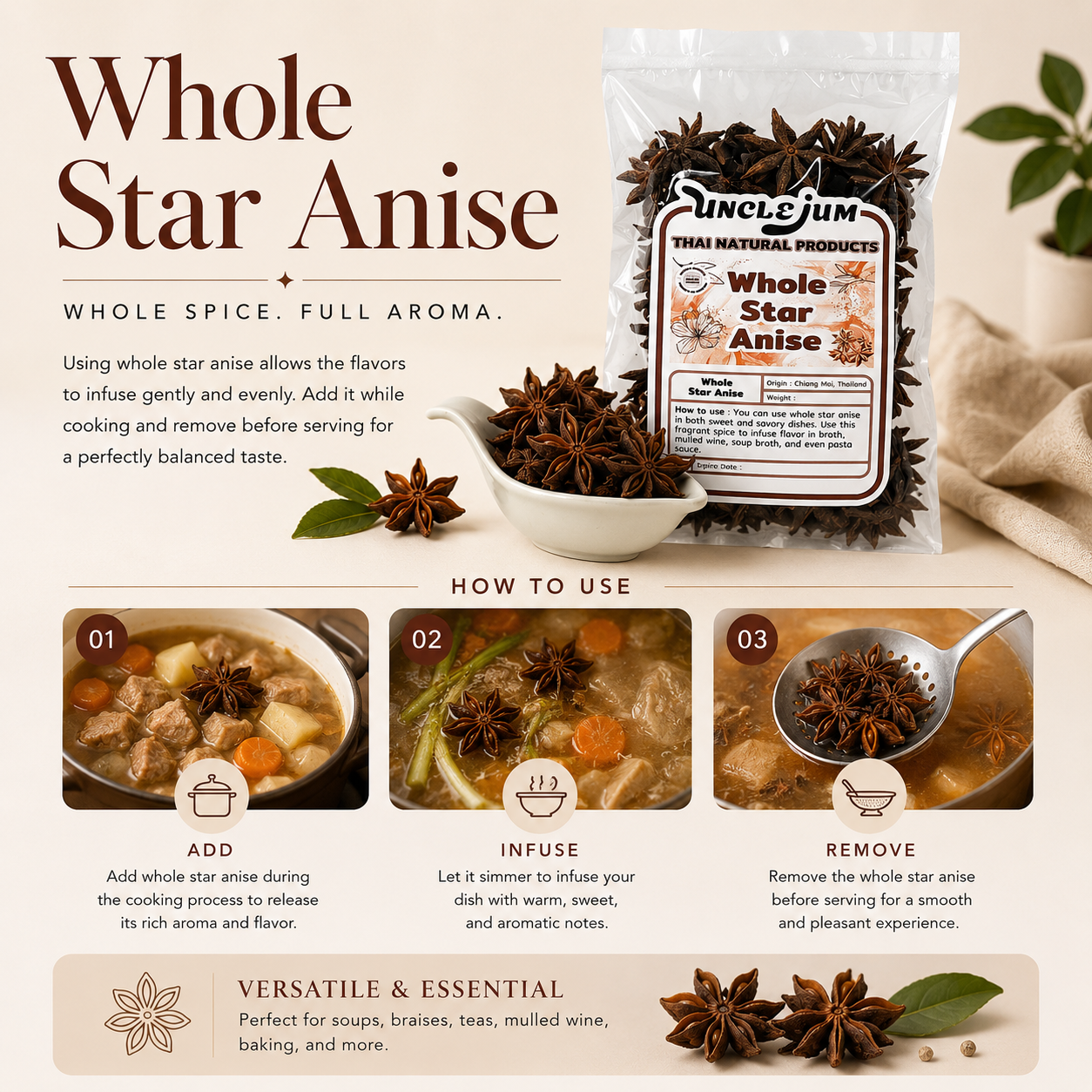 UNCLEJUM Whole Star Anise 100g – Aromatic Whole Spice for Cooking, Tea & Five-Spice Recipes