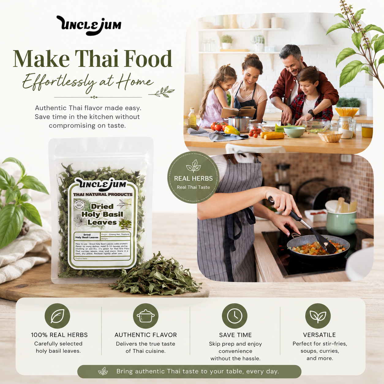 UNCLEJUM Dried Holy Basil Leaves – Thai Kra Pao Basil for Cooking | 20g & 50g