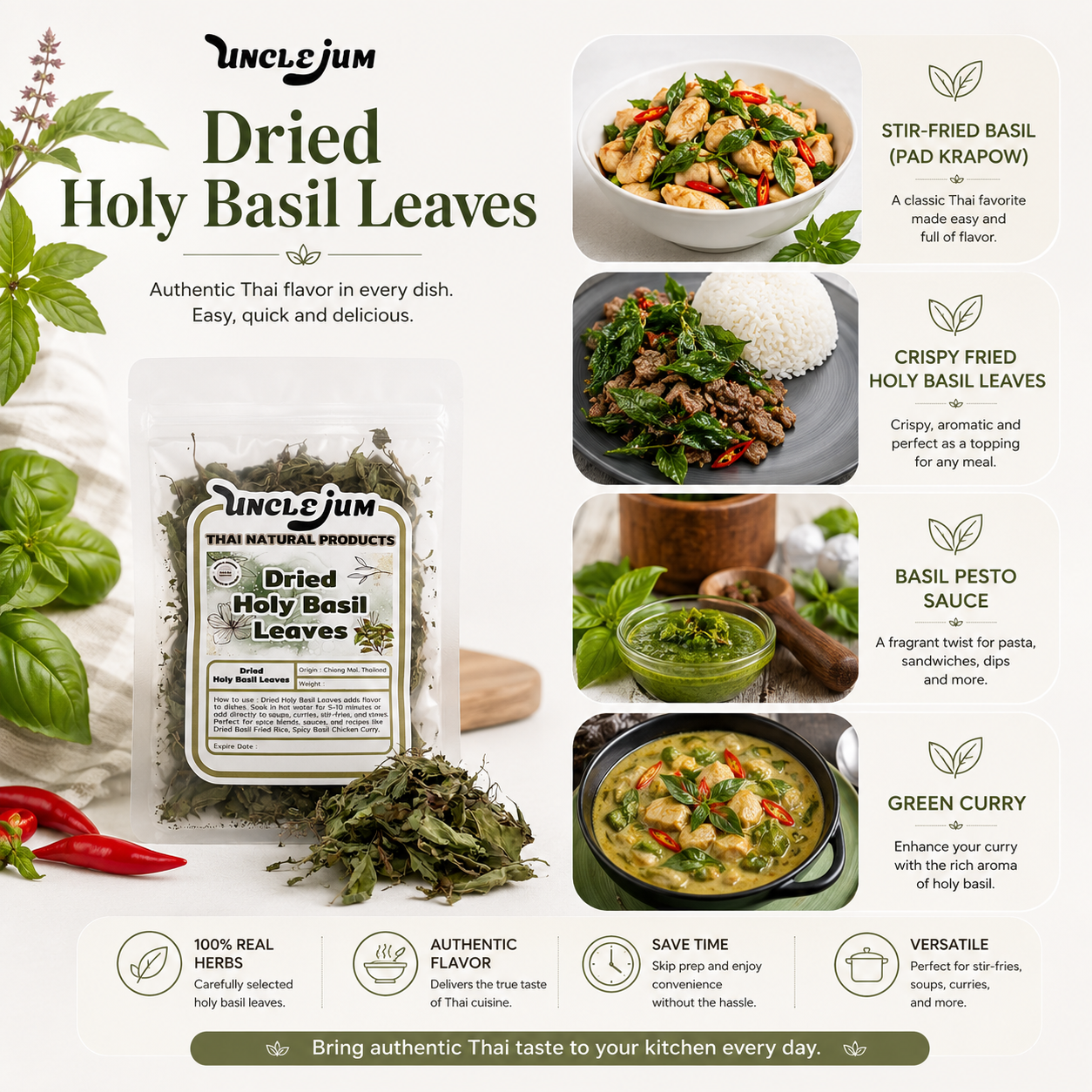 UNCLEJUM Dried Holy Basil Leaves – Thai Kra Pao Basil for Cooking | 20g & 50g