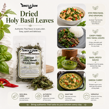 UNCLEJUM Dried Holy Basil Leaves – Thai Kra Pao Basil for Cooking | 20g & 50g