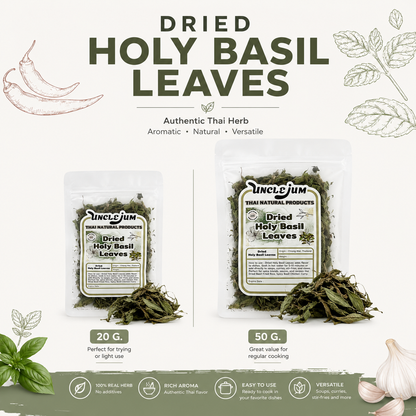 UNCLEJUM Dried Holy Basil Leaves – Thai Kra Pao Basil for Cooking | 20g & 50g