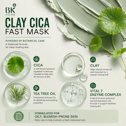 BK Acne Clay Cica Fast Mask – 5-Minute Korean Clay Mask for Oily & Blemish-Prone Skin – Cica, Tea Tree Oil & Vital 7 Enzy Complex – 7g × 3 Packs