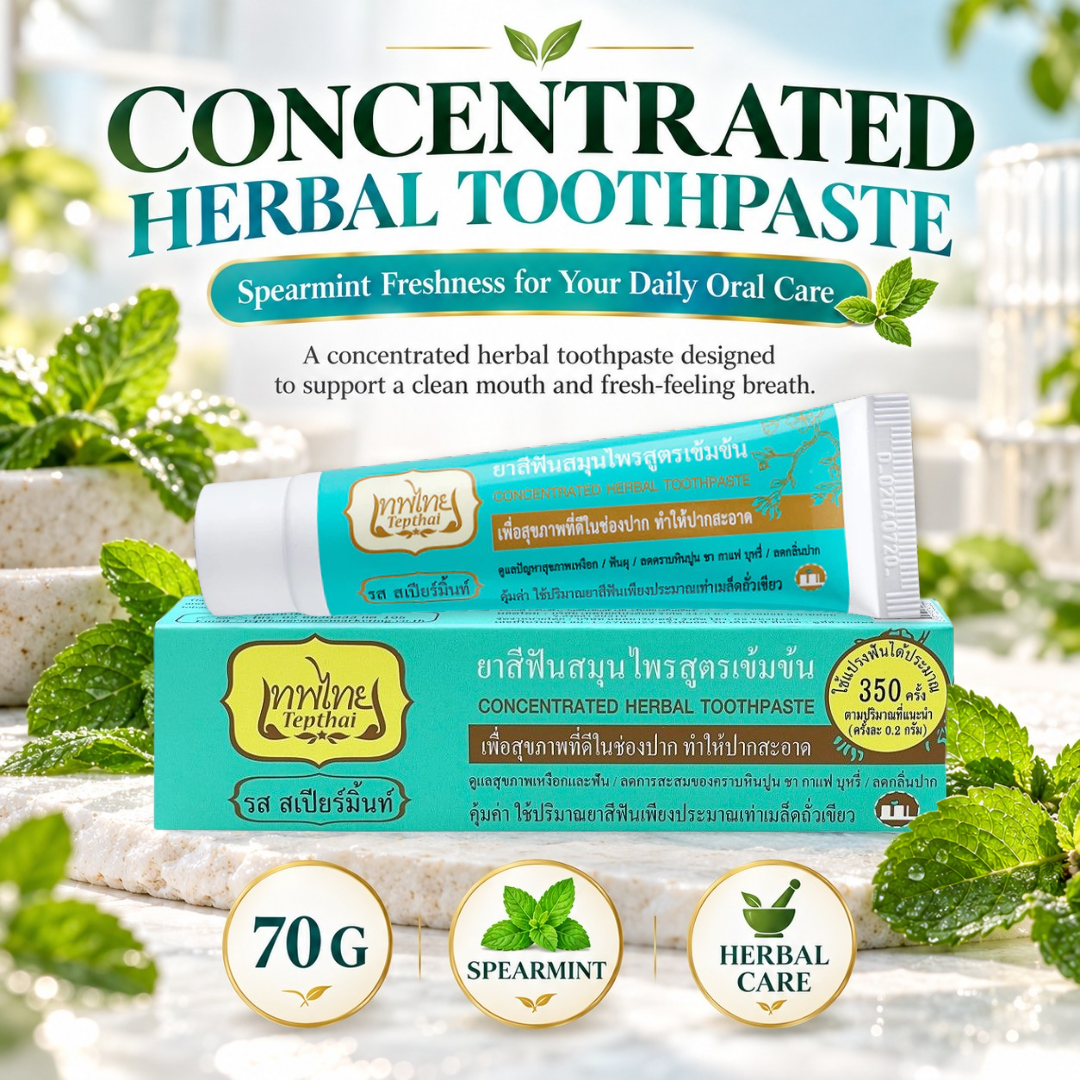 Tepthai Concentrated Herbal Toothpaste – Spearmint Flavor with Fluoride for Gum Care, Plaque & Stain Care, Fresh Breath – 70g × 2 Tubes