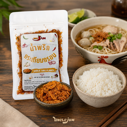 UNCLEJUM Thai Garlic Chili Flakes – Crispy Garlic & Shallot Topping with Chili Seasoning for Rice, Noodles & Everyday Meals – 100g