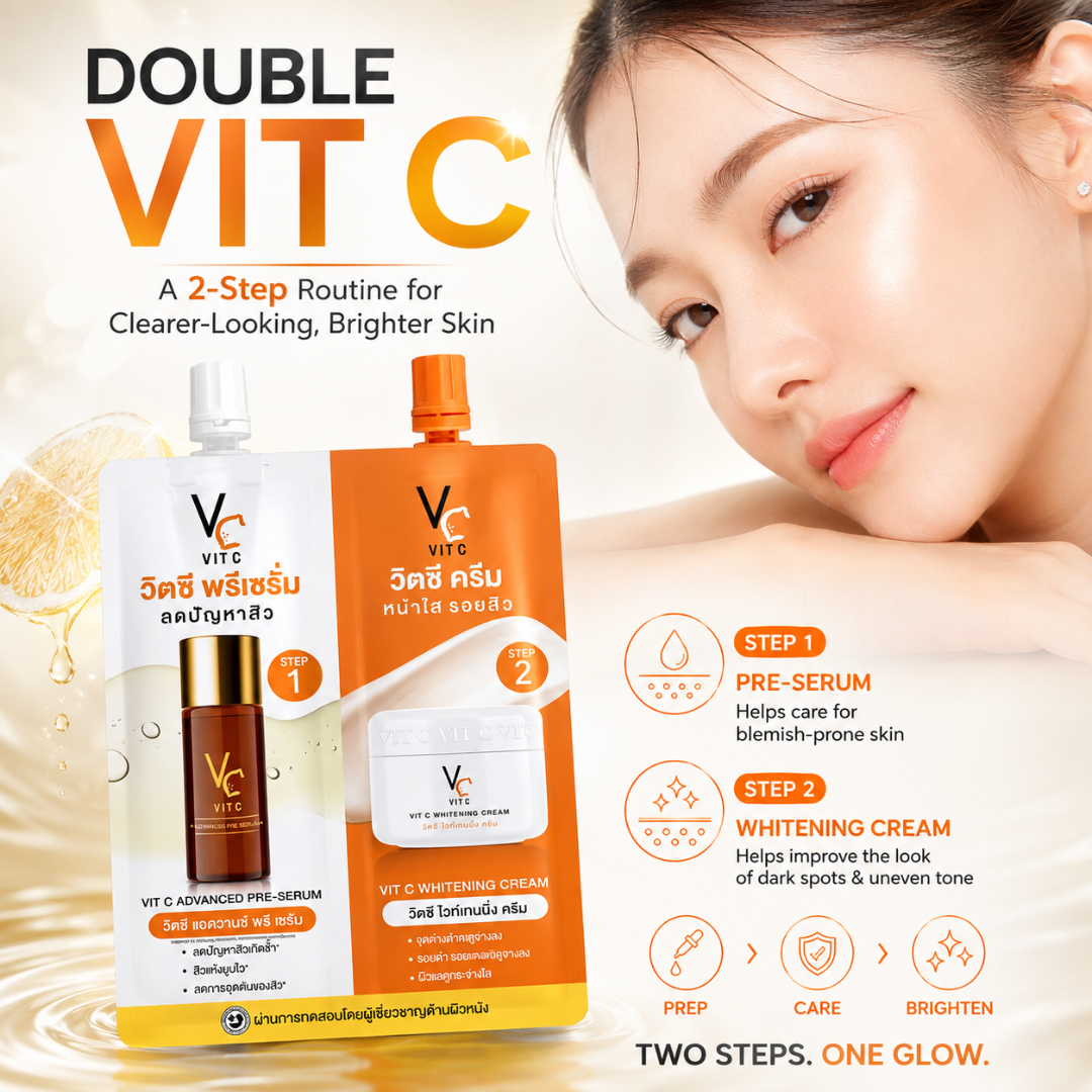 Ratcha Vit C Advanced Pre-Serum & Whitening Cream – 2-Step Blemish & Brightening Skincare – 8g × 3 Packs