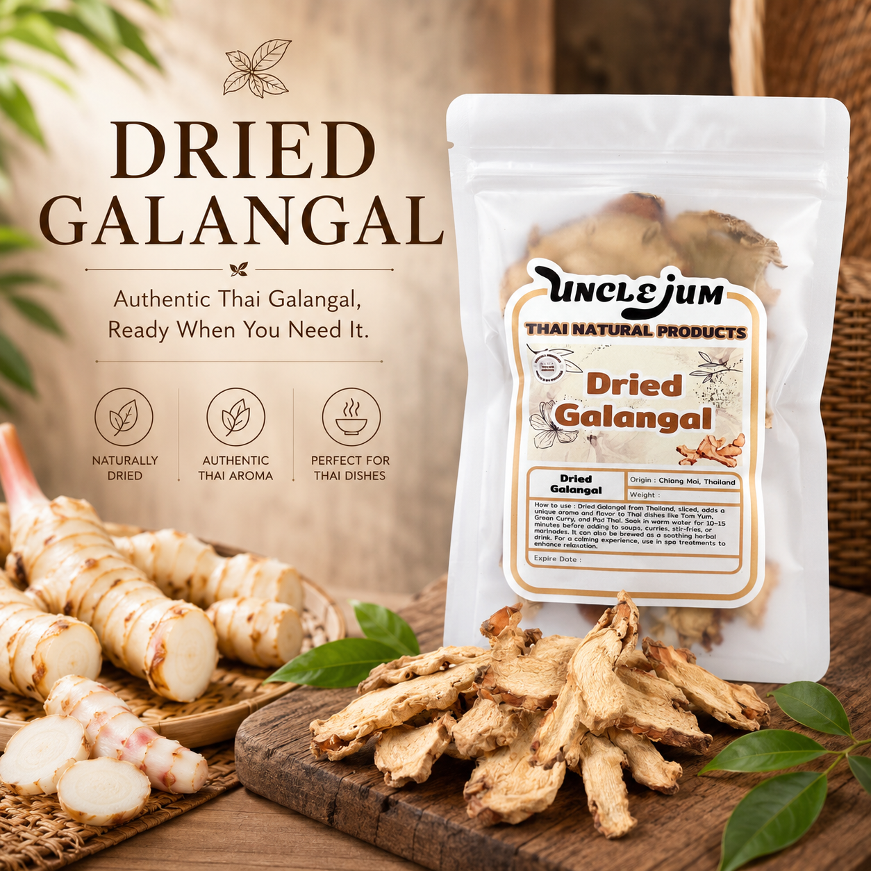 UNCLEJUM Dried Galangal 100g – Sliced Thai Galangal Root for Cooking