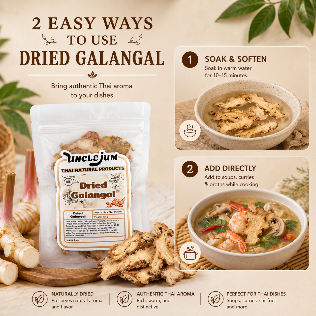 UNCLEJUM Dried Galangal 100g – Sliced Thai Galangal Root for Cooking
