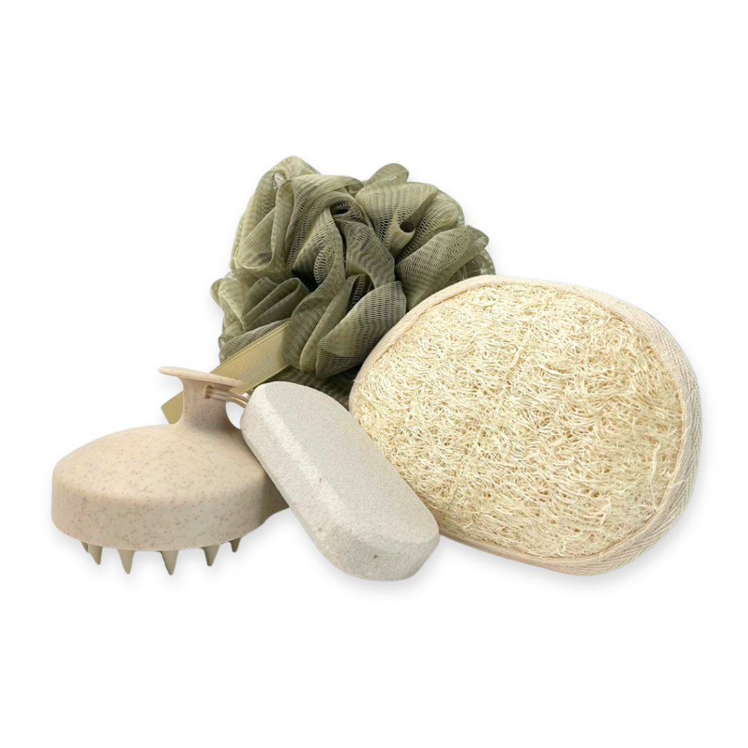 4-Piece Exfoliating Bath & Shower Set – Loofah Sponge, Bath Puff, Pumice Stone & Scalp Massager, Body Scrubber Home Spa Kit