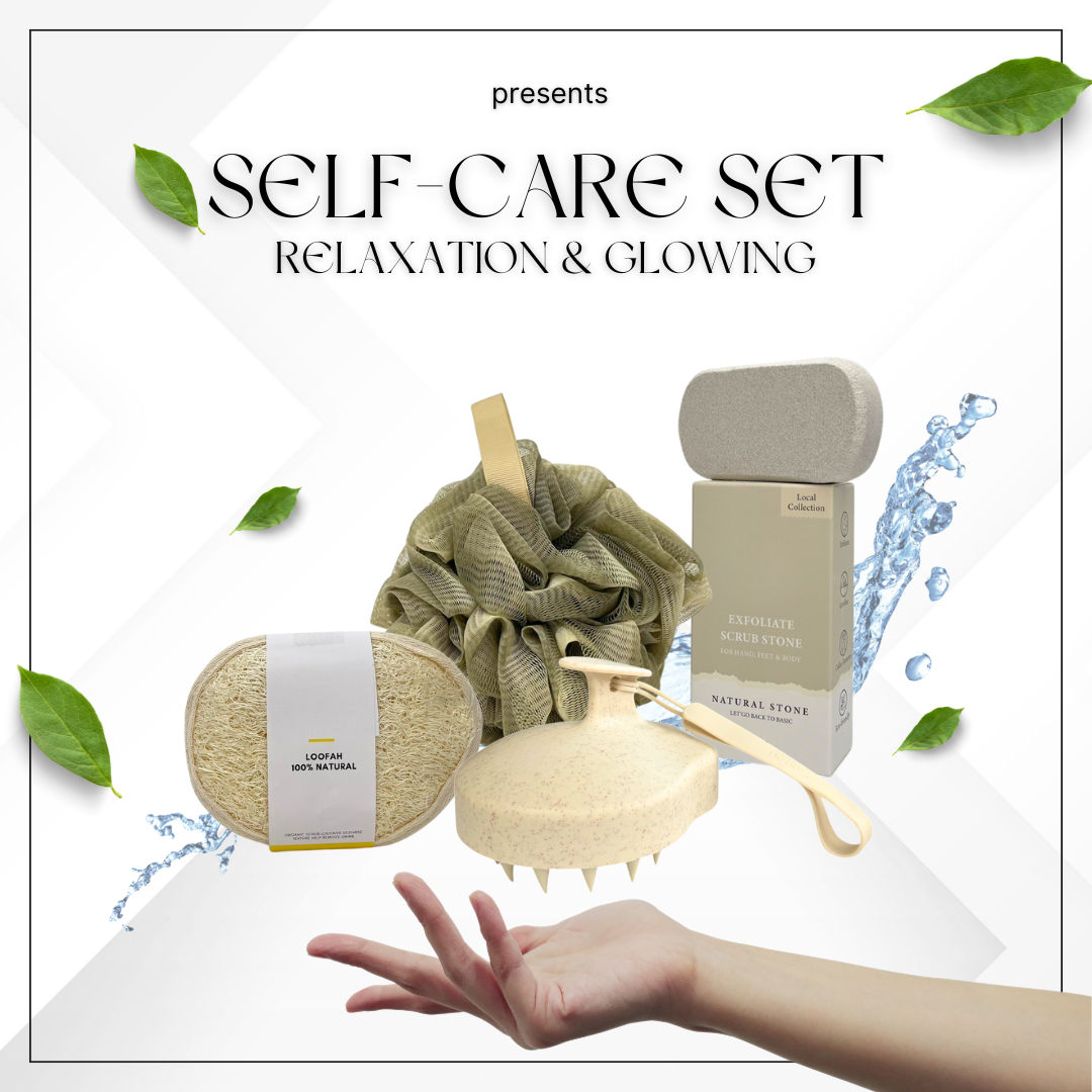 4-Piece Exfoliating Bath & Shower Set – Loofah Sponge, Bath Puff, Pumice Stone & Scalp Massager, Body Scrubber Home Spa Kit