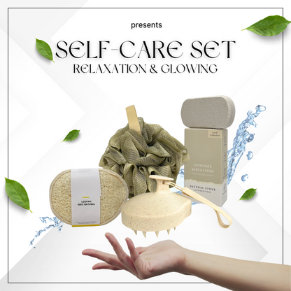 4-Piece Exfoliating Bath & Shower Set – Loofah Sponge, Bath Puff, Pumice Stone & Scalp Massager, Body Scrubber Home Spa Kit