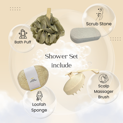 4-Piece Exfoliating Bath & Shower Set – Loofah Sponge, Bath Puff, Pumice Stone & Scalp Massager, Body Scrubber Home Spa Kit
