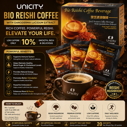 Unicity Bio Reishi Coffee – Premium Ganoderma Mushroom Coffee with Low Caffeine for Natural Energy, Immune Support & Daily Wellness I Functional Mushroom Coffee Supports Energy, Immunity, Healthy Metabolism & Antioxidant Protection | 20 Sachets