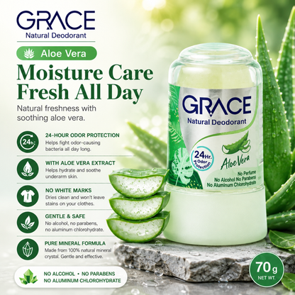 GRACE Natural Crystal Deodorant Stick 70g – Mineral Alum Underarm Deodorant – Choose Pure & Natural, Aloe Vera, Mangosteen or Turmeric