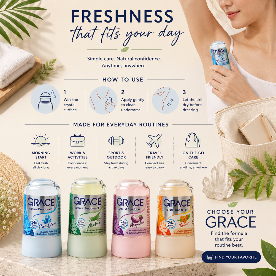 GRACE Natural Crystal Deodorant Stick 70g – Mineral Alum Underarm Deodorant – Choose Pure & Natural, Aloe Vera, Mangosteen or Turmeric