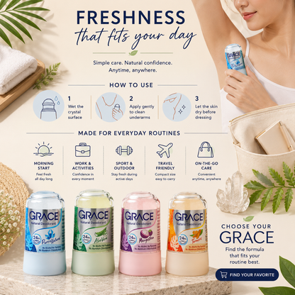 GRACE Natural Crystal Deodorant Stick 70g – Mineral Alum Underarm Deodorant – Choose Pure & Natural, Aloe Vera, Mangosteen or Turmeric