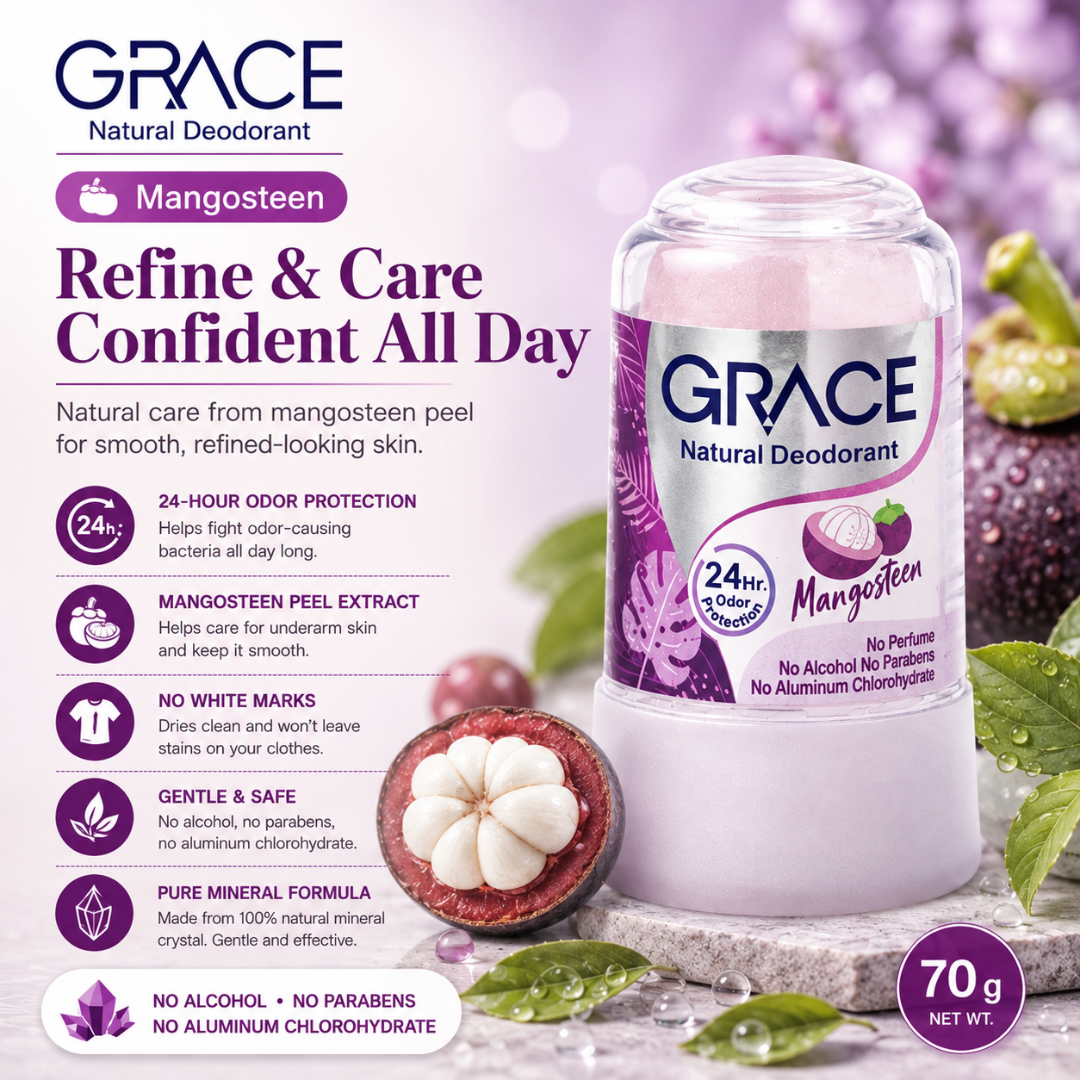 GRACE Natural Crystal Deodorant Stick 70g – Mineral Alum Underarm Deodorant – Choose Pure & Natural, Aloe Vera, Mangosteen or Turmeric