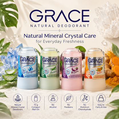 GRACE Natural Crystal Deodorant Stick 70g – Mineral Alum Underarm Deodorant – Choose Pure & Natural, Aloe Vera, Mangosteen or Turmeric