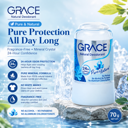 GRACE Natural Crystal Deodorant Stick 70g – Mineral Alum Underarm Deodorant – Choose Pure & Natural, Aloe Vera, Mangosteen or Turmeric