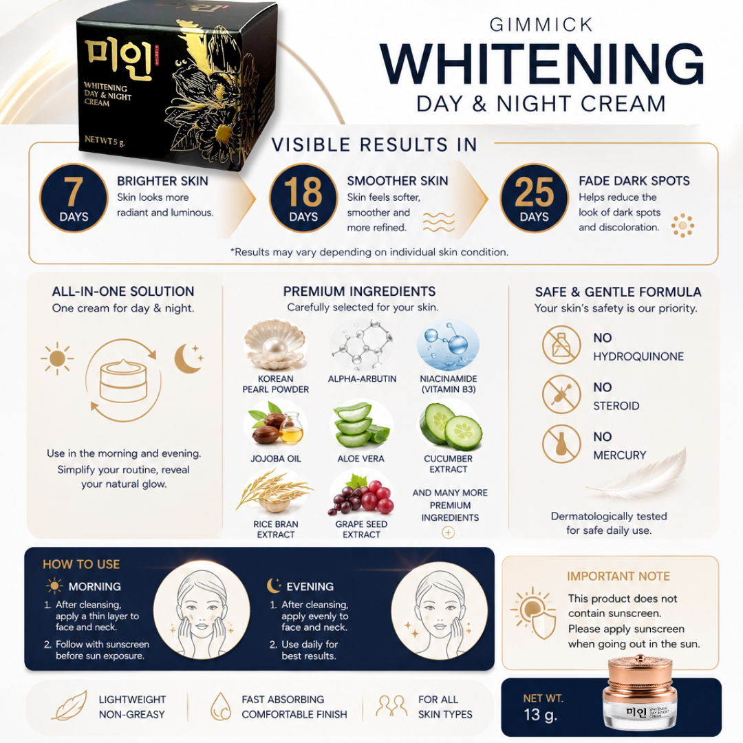 GIMMICK Whitening Day & Night Cream 13g – Korean Pearl Brightening Cream with Alpha-Arbutin, Niacinamide & Jojoba Oil Helps Fade Dark Spots for Radiant Glass Skin