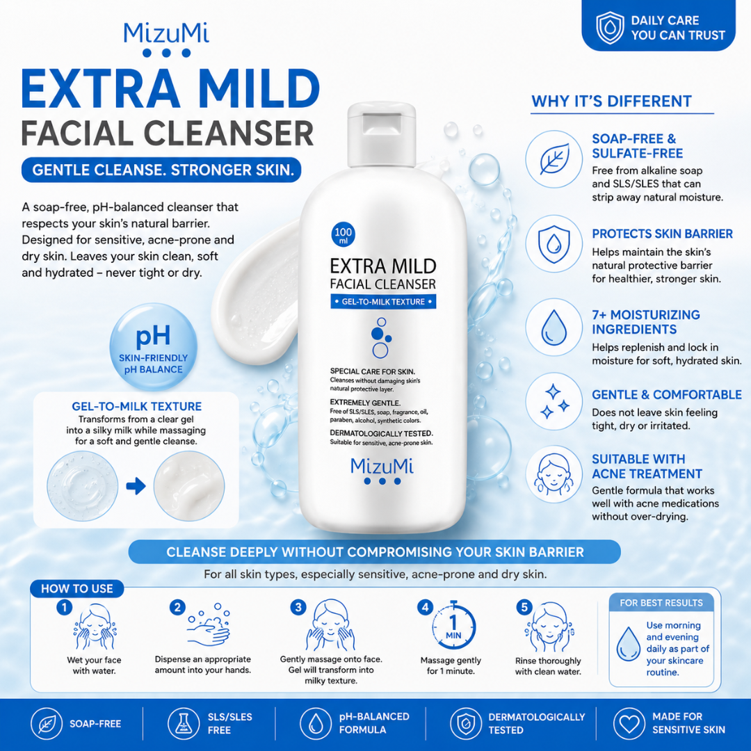 MizuMi Extra Mild Facial Cleanser 100 ml Gentle pH-Balanced Gel-to-Milk Cleanser for Sensitive, Acne-Prone & Dry Skin