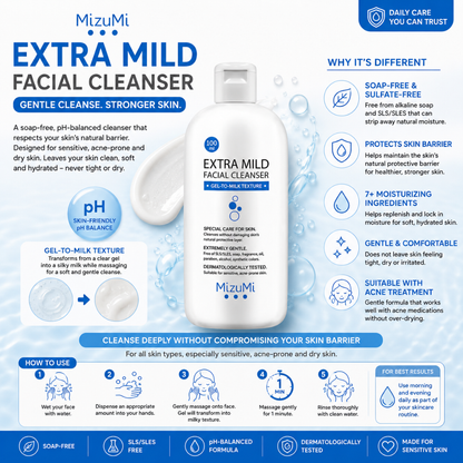 MizuMi Extra Mild Facial Cleanser 100 ml Gentle pH-Balanced Gel-to-Milk Cleanser for Sensitive, Acne-Prone & Dry Skin