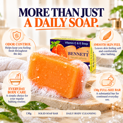 BENNETT Vitamin C & E Soap – Natural Extract Herbal Cleansing Bar for Smooth, Bright & Fresh-Looking Skin – 130g