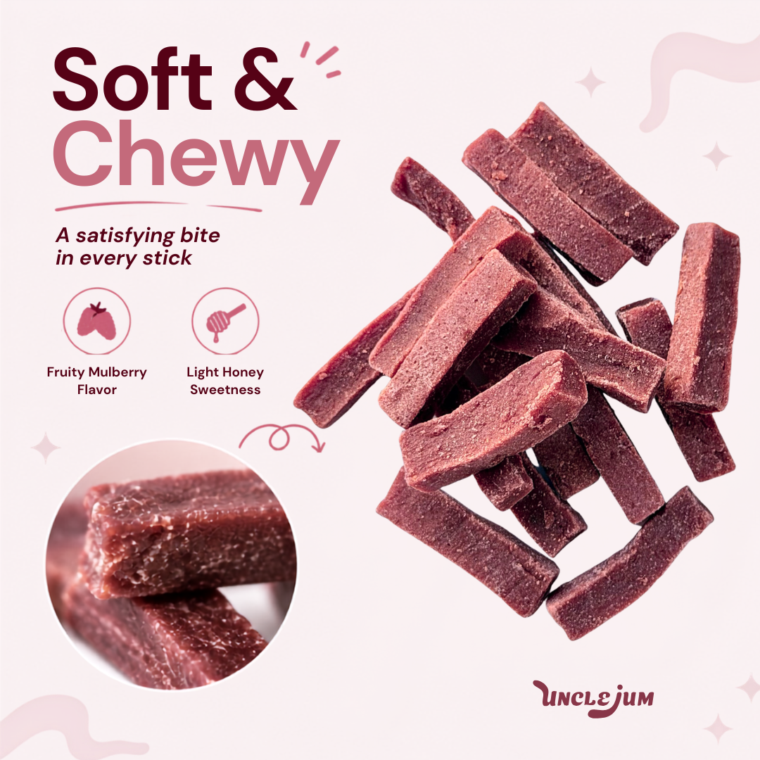 UNCLEJUM Mulberry Chewy Sticks – Soft & Chewy Dried Mulberry Snack with Honey – Sweet & Slightly Tangy – 250g