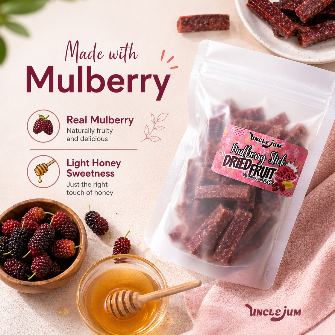 UNCLEJUM Mulberry Chewy Sticks – Soft & Chewy Dried Mulberry Snack with Honey – Sweet & Slightly Tangy – 250g